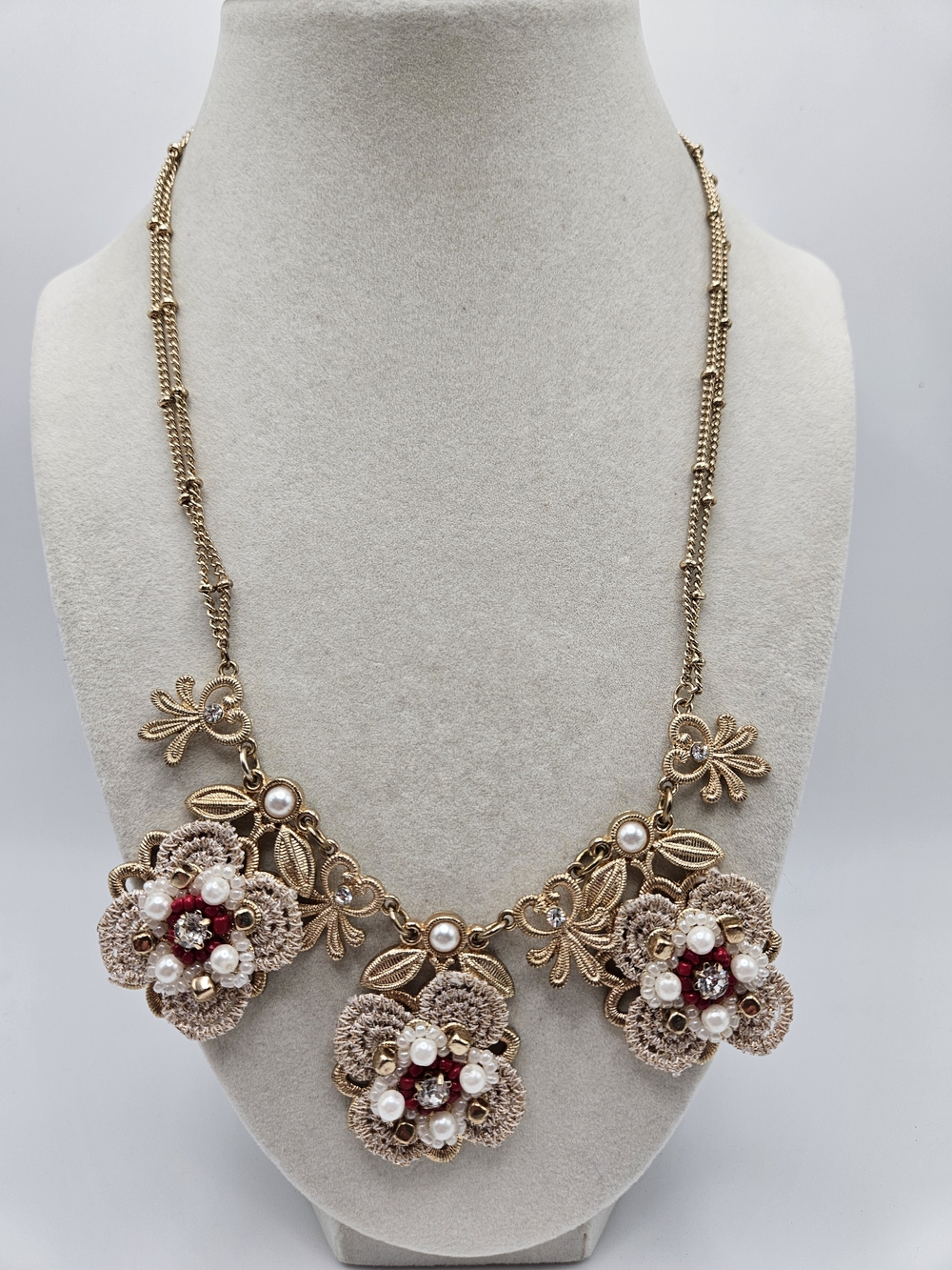 VINTAGE Gold Tone Crochet Flower Faux Pearl Rhinestone Link Necklace
